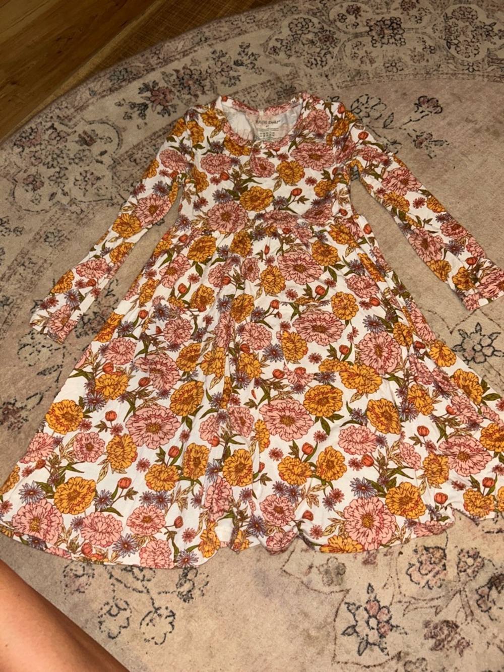 Angel Dear White Floral Long-Sleeve Twirl Dress with Pink & Gold Flowers